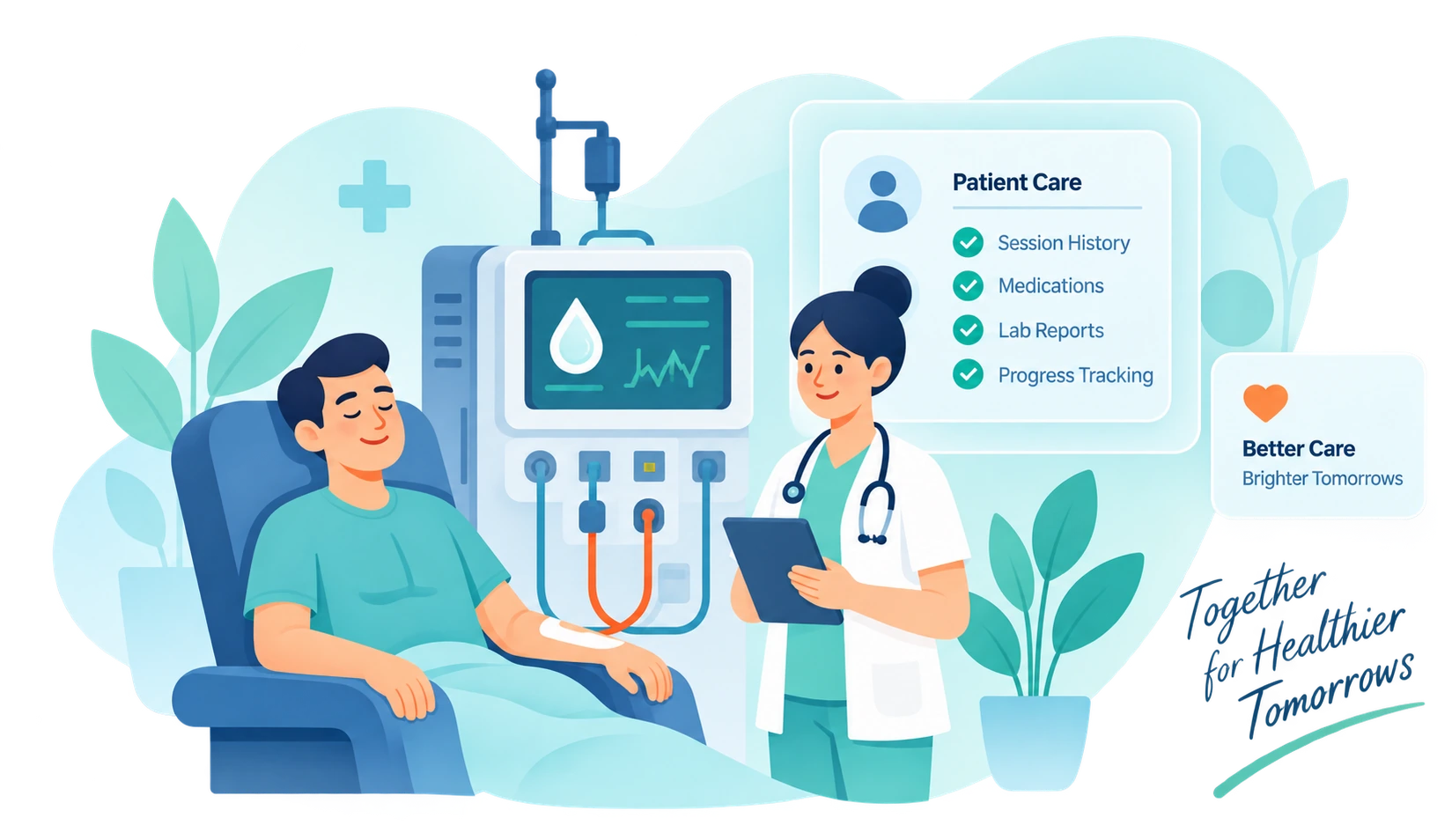 Friendly illustration of a patient resting in a dialysis chair while a nurse supports their care.